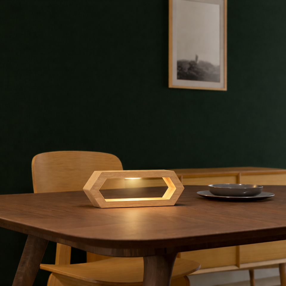 Handcrafted Oak Rotatable Hexagon LED Lamp