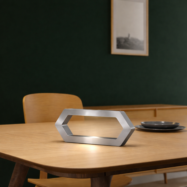 Silver Finish Handcrafted Oak Rotatable Hexagon LED Lamp