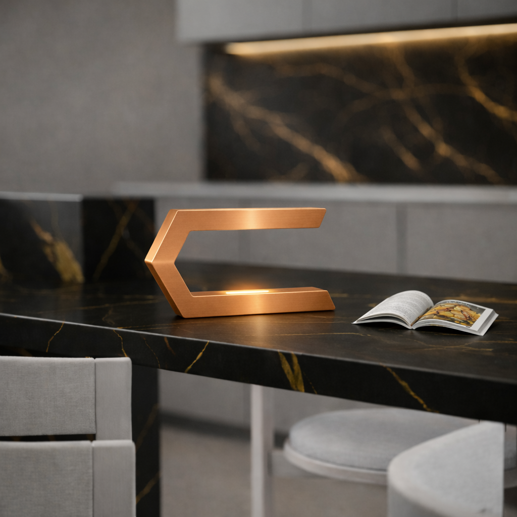 Copper finish C-shaped LED lamp by WOOM glowing softly on a black marble counter with an open book.