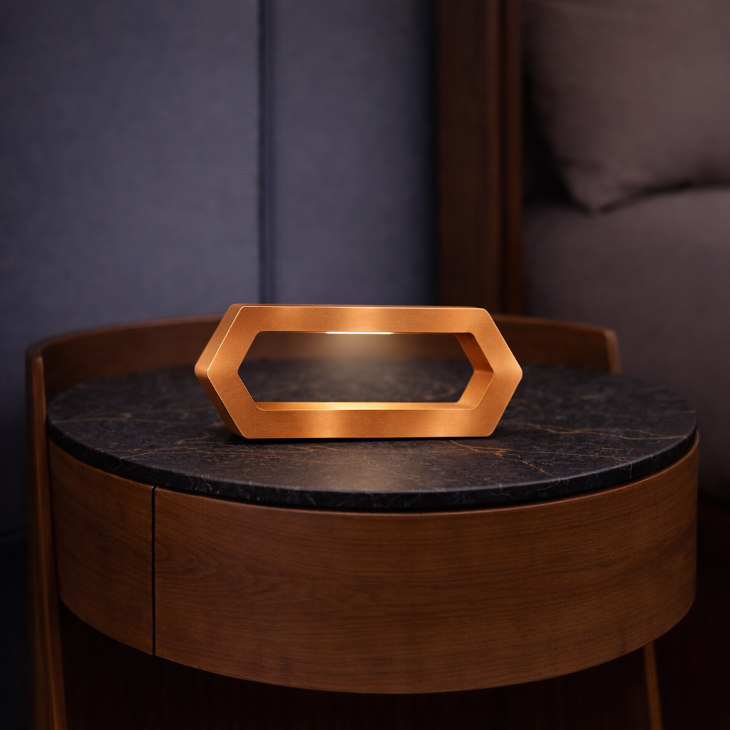 Copper finish hexagon LED lamp by WOOM, casting a warm glow on a marble-top bedside table.