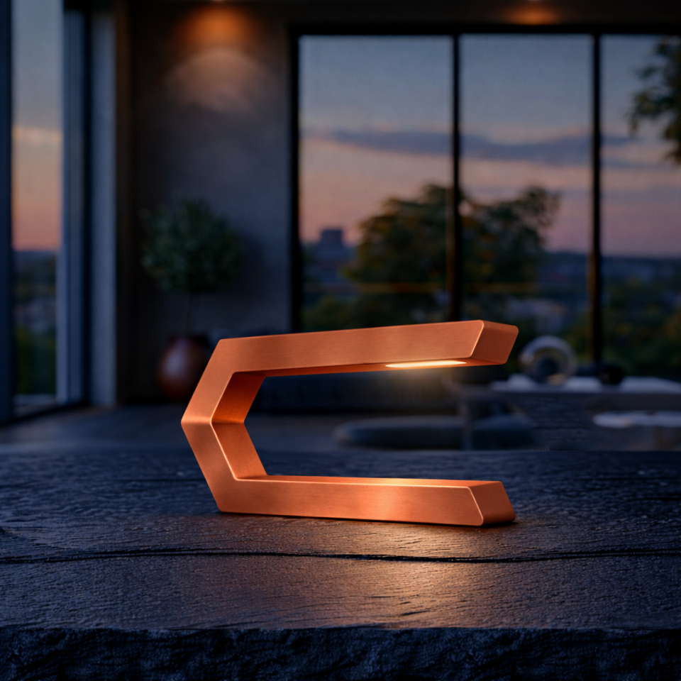 Copper finish C-shaped LED table lamp by WOOM, emitting a soft, warm glow on a dark, textured surface.