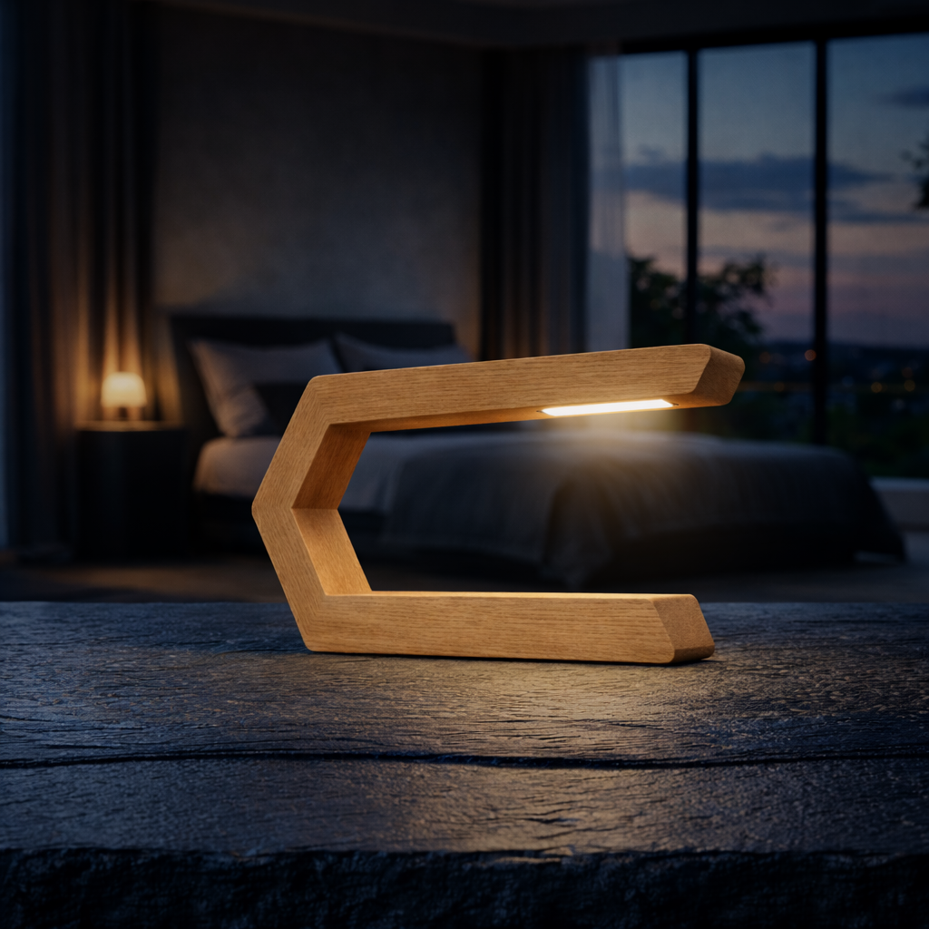 Handcrafted Oak Rotatable C-Shaped Wooden LED Lamp