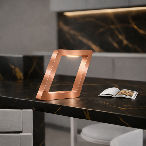 Copper finish geometric table lamp by WOOM, with an internal LED light strip on a dark marble countertop.
