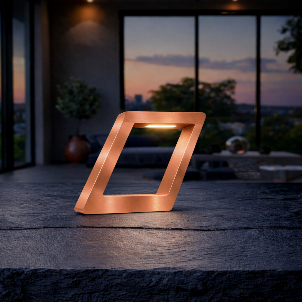 Copper finish geometric wooden table lamp by WOOM, with a warm internal glow, on a dark textured surface.