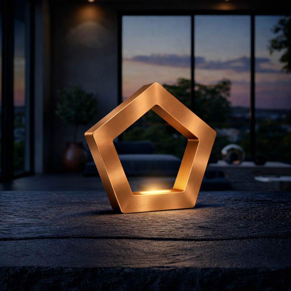 Copper finish pentagon LED lamp by WOOM, with a brushed texture and warm light, on a dark stone surface.