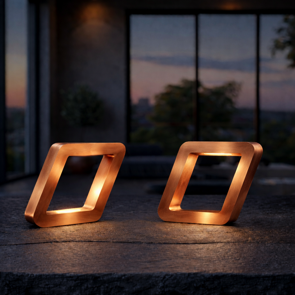Copper finish square table lamp by WOOM, angled on a dark stone surface, emitting a warm glow.