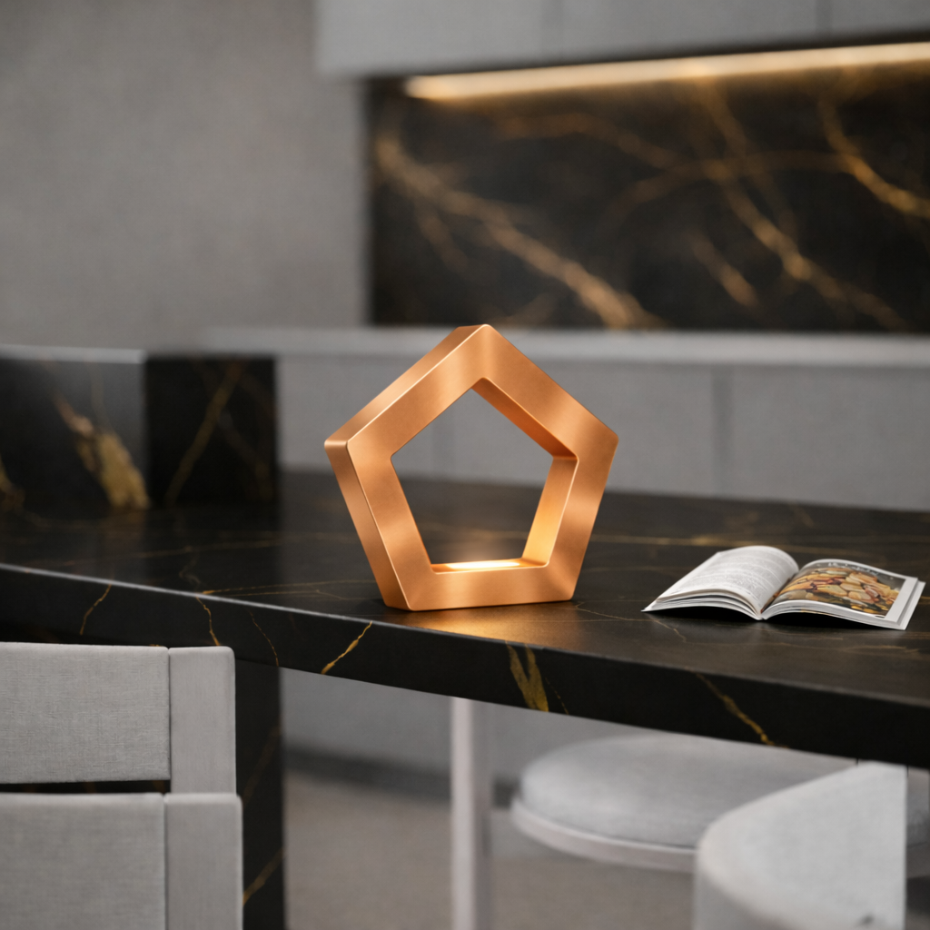 Copper finish pentagon LED table lamp by WOOM, glowing on a black marble counter next to an open cookbook.