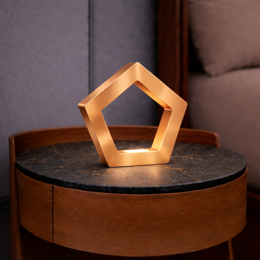 A copper finish pentagon LED lamp by WOOM, glowing on a dark marble-top wooden side table.