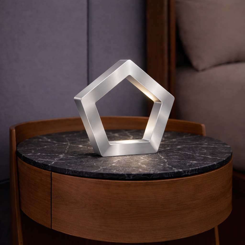 Silver Finish Handcrafted Oak Pentagon Wooden LED Lamp