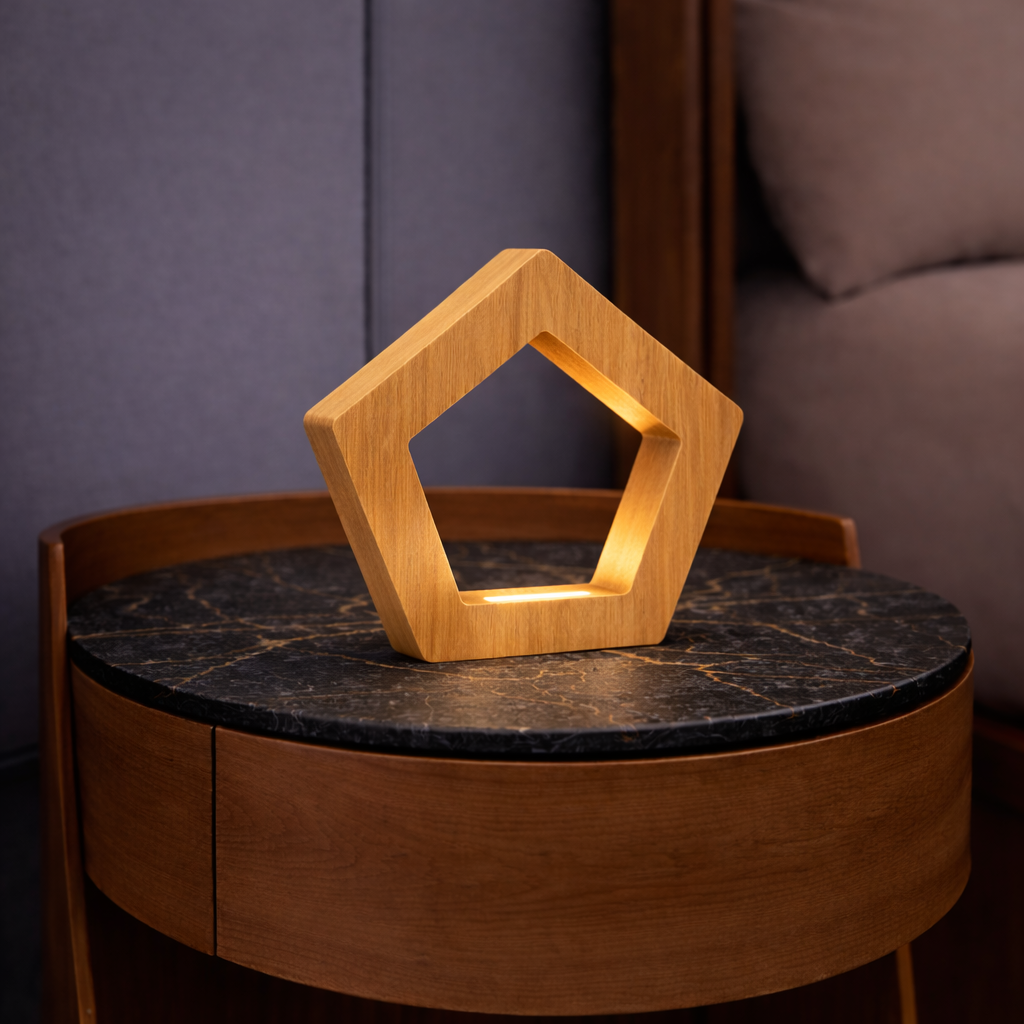 Handcrafted Oak Pentagon Wooden LED Lamp