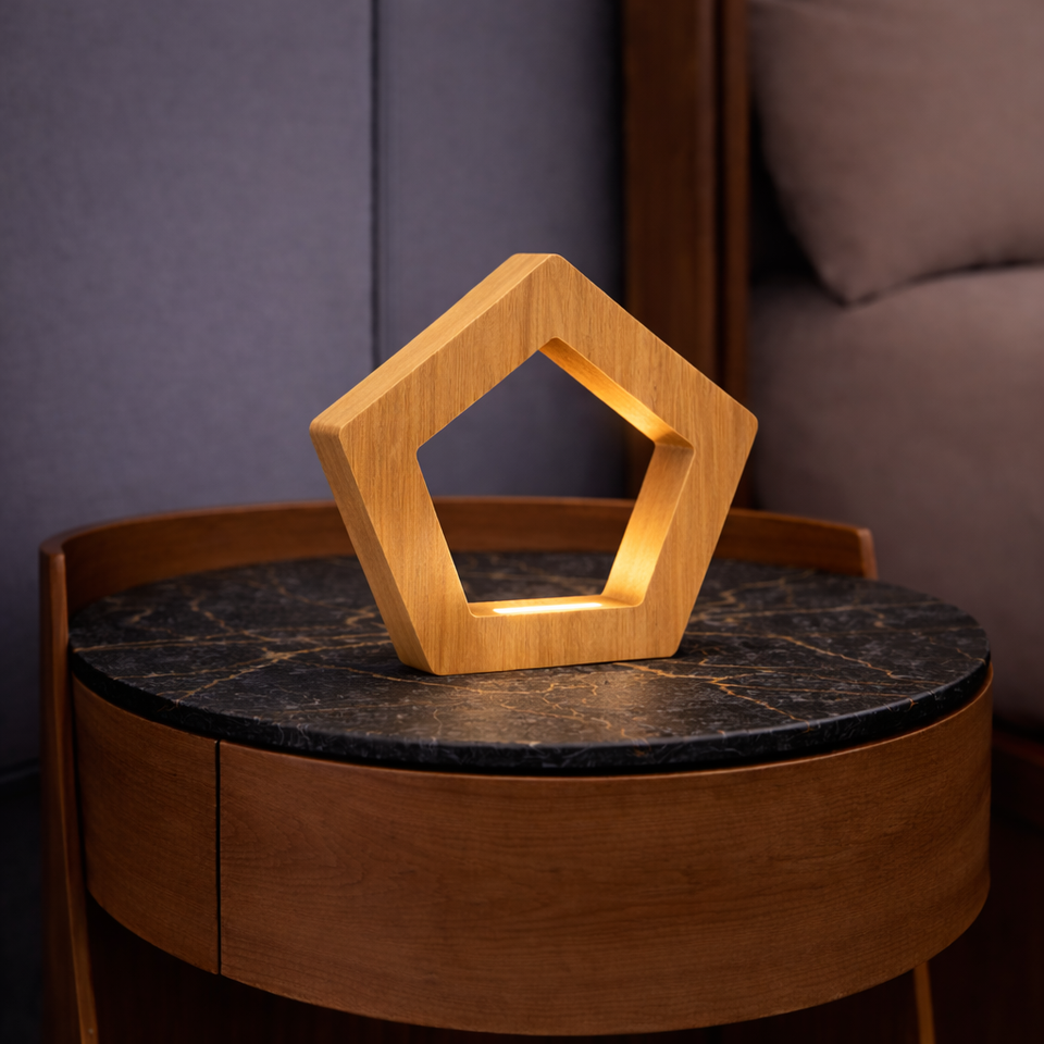 Handcrafted Oak Pentagon Wooden LED Lamp