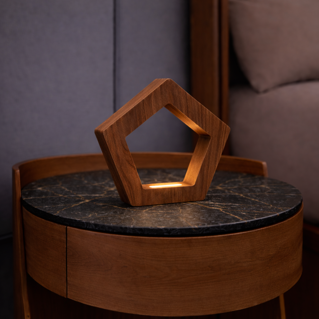 Handcrafted Walnut Pentagon Wooden LED Lamp