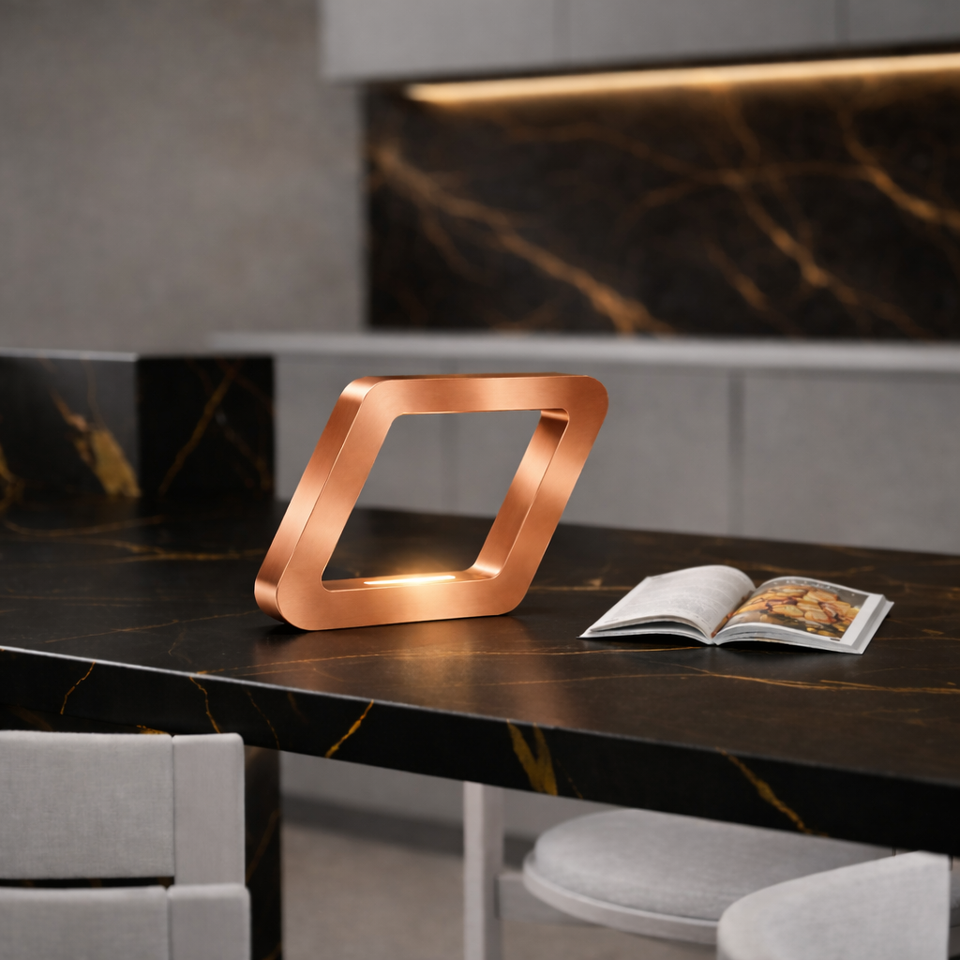 Copper finish rotatable square wooden lamp by WOOM, emitting a warm glow on a black marble countertop, beside an open magazine.