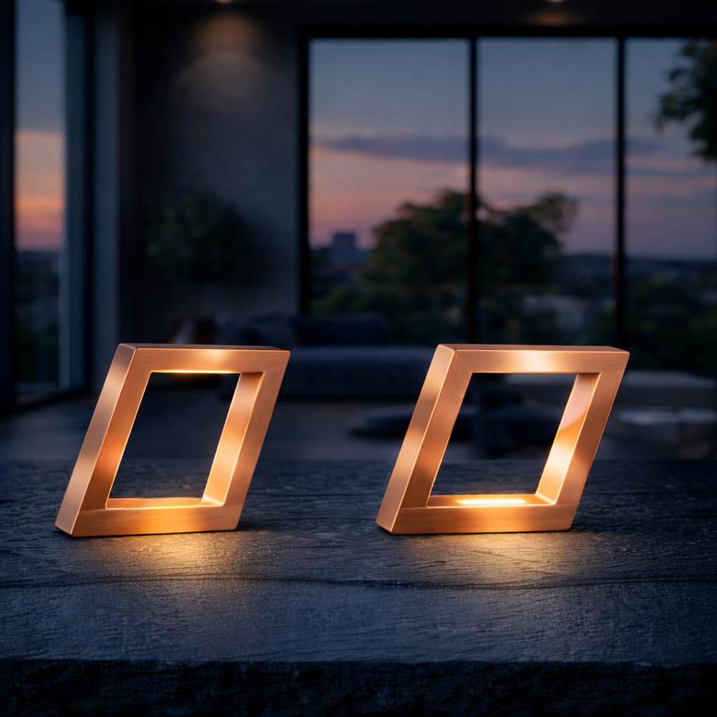  Two copper-finished parallelogram table lamps by WOOM glowing softly on a dark textured table against a sunset window background.