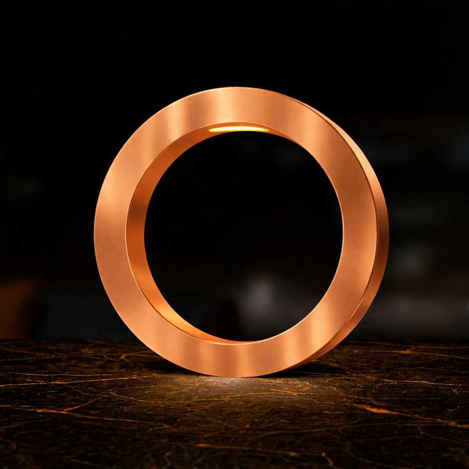 Copper finish handcrafted wooden oak rotatable circle lamp by WOOM, with internal warm light on a dark marbled surface.