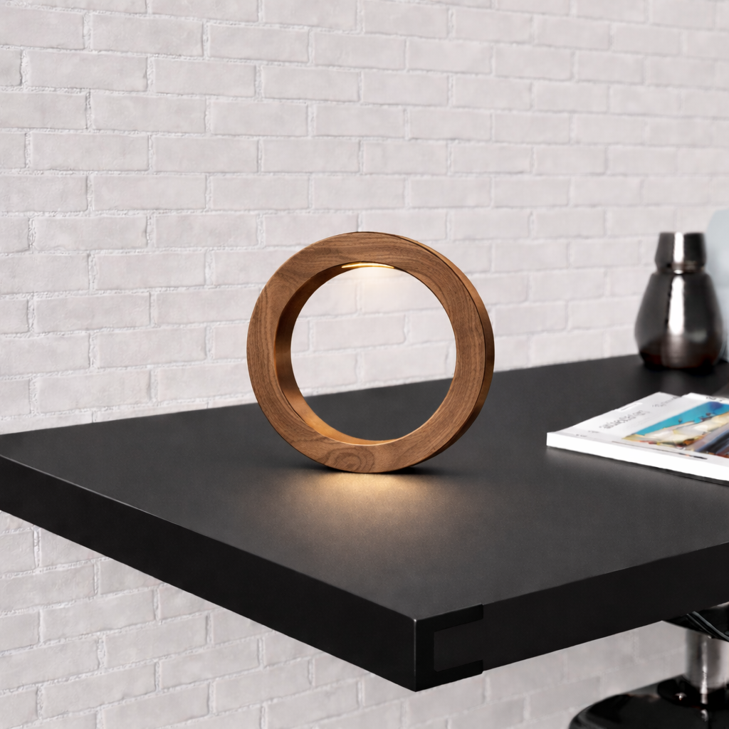 Handcrafted Walnut Rotatable Circle LED Wooden Desk Lamp