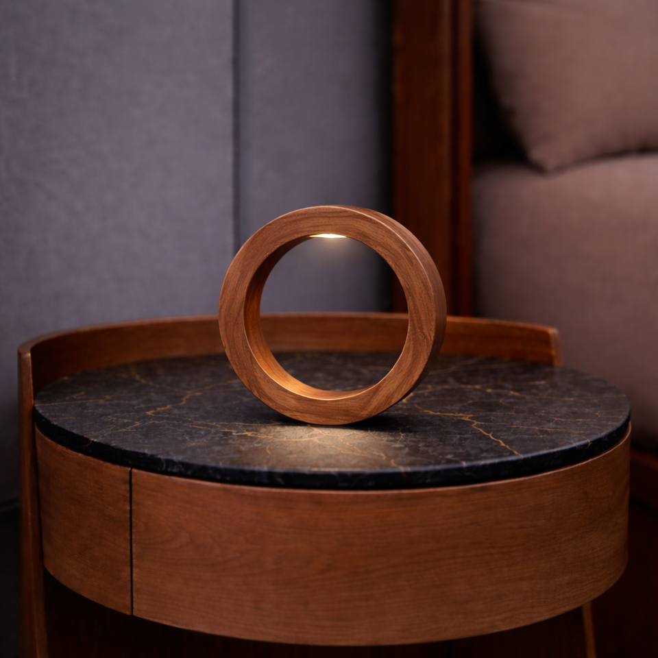 Handcrafted Walnut Rotatable Circle LED Wooden Desk Lamp