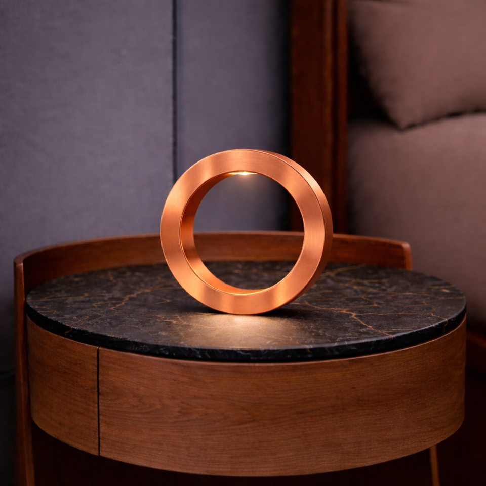 Copper finish rotatable circle lamp by WOOM on a dark marble-top wooden table, emitting a soft glow.
