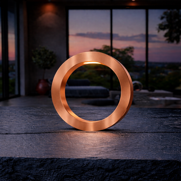Copper finish rotatable circle lamp by WOOM, handcrafted from wooden oak, glowing on a dark table.