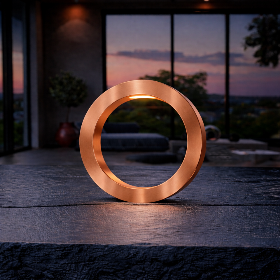 Copper finish rotatable circle lamp by WOOM, handcrafted from wooden oak, glowing on a dark table.