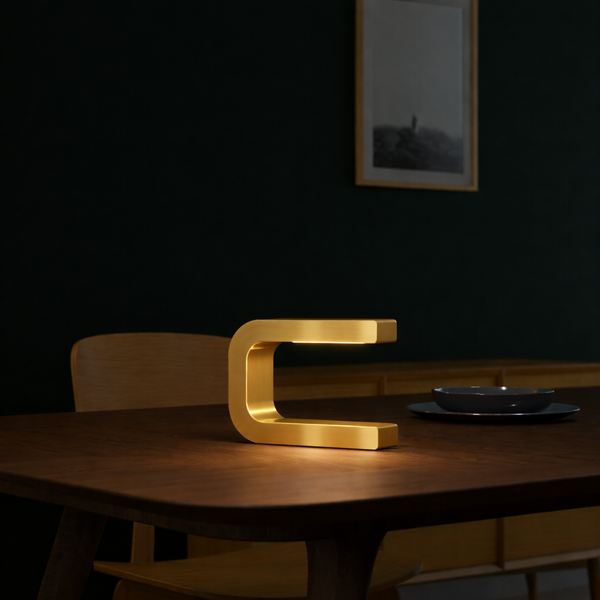 Gold Finish Handcrafted Oak Rotatable U-Shape Curved Lamp