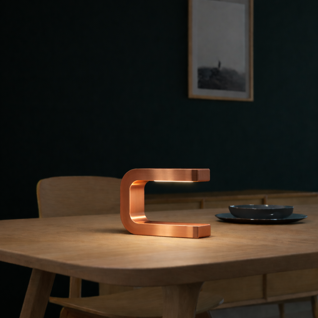Copper finish U-shape curved lamp by WOOM, with an integrated light strip, on a light wooden table.