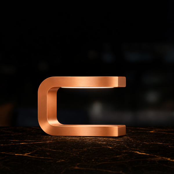 Copper finish U-shape curved lamp by WOOM with an internal light source on a dark veined marble surface.