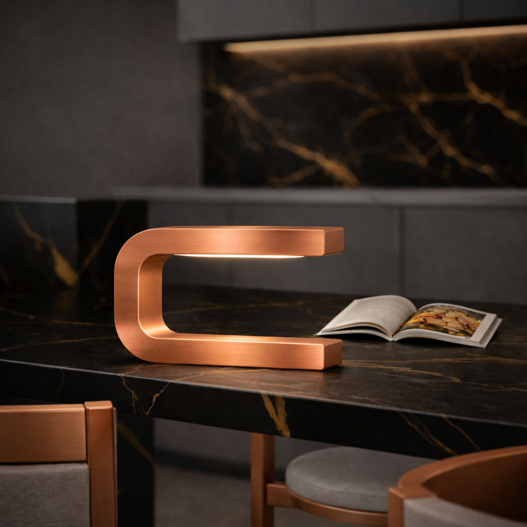 Copper U-shape curved lamp by WOOM on a dark marble table with an open book in a modern kitchen.
