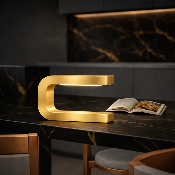 Gold Finish Handcrafted Oak Rotatable U-Shape Curved Lamp