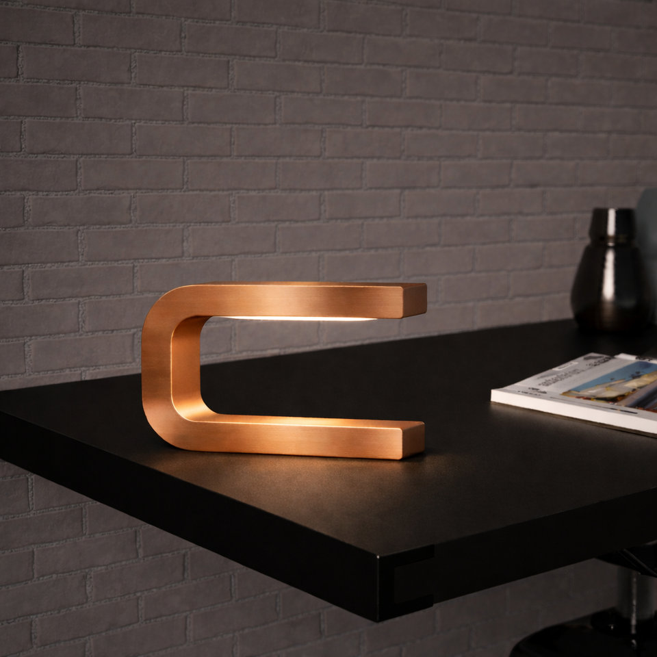 Copper finish U-shaped curved lamp by WOOM, illuminated on a black desk against a grey brick wall with a magazine.