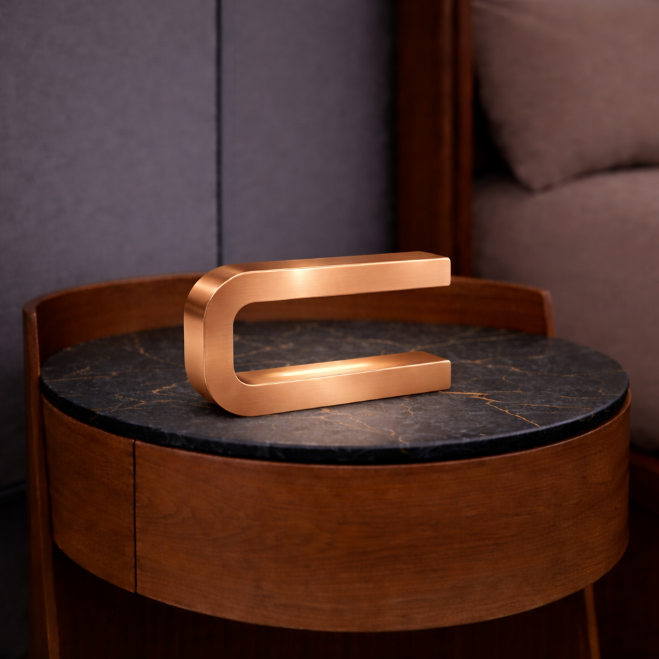 Copper finish U-shape curved lamp by WOOM on a round dark marble and oak side table.