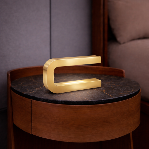 Gold Finish Handcrafted Oak Rotatable U-Shape Curved Lamp