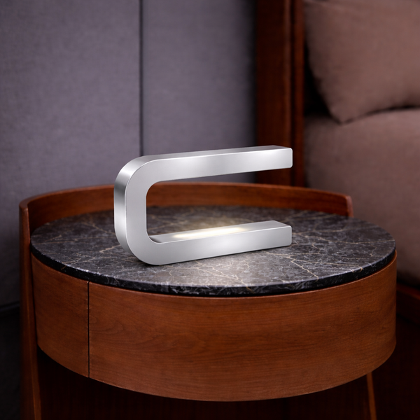 Silver Finish Handcrafted Oak Rotatable U-Shape Curved Lamp