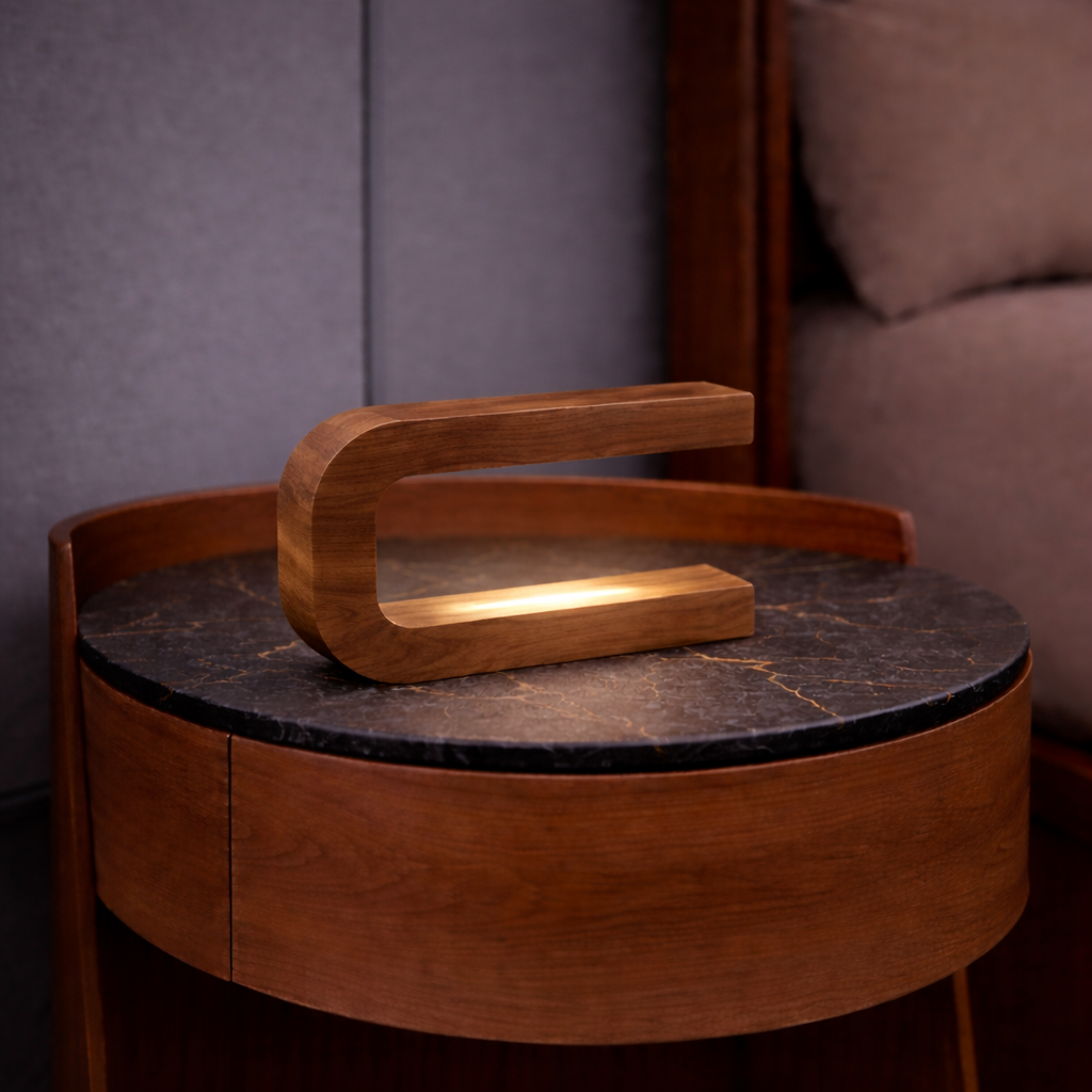 Handcrafted Walnut Rotatable U Curved Wooden Desk Lamp