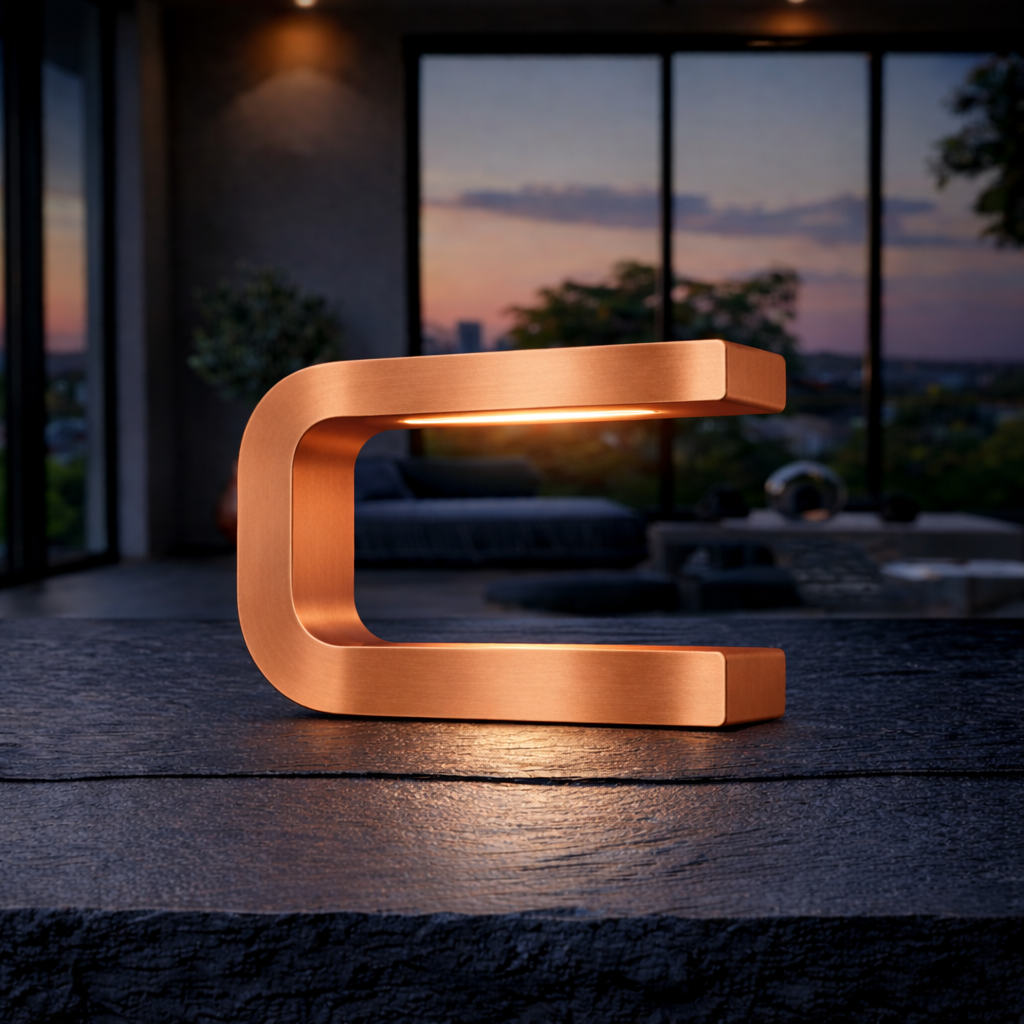 Copper finish U-shape curved lamp by WOOM, glowing warm light on a dark textured surface at dusk.