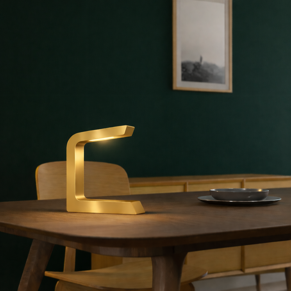 Gold Finish Handcrafted Oak  Rotatable Wooden C-Shaped  Lamp