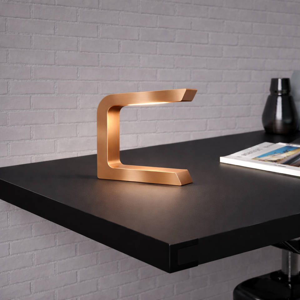 Copper finish C-shaped table lamp by WOOM, glowing on a black desk with a vase and magazine against a grey brick wall.