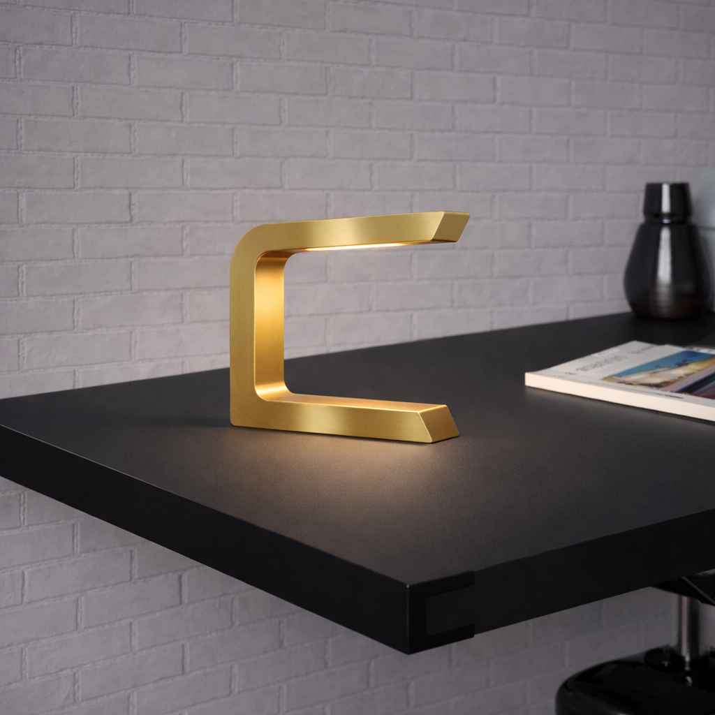 Gold Finish Handcrafted Oak  Rotatable Wooden C-Shaped  Lamp