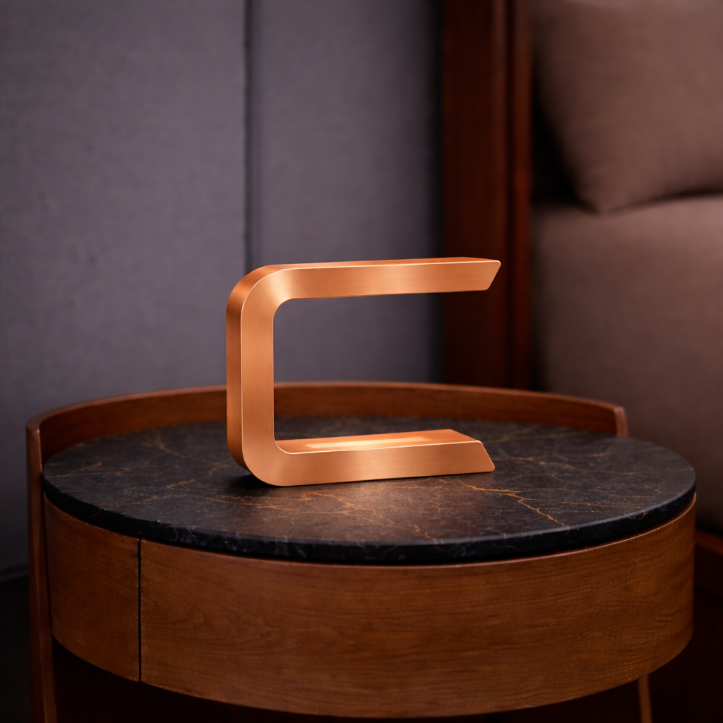 Copper finish C-shaped lamp by WOOM, emitting a soft glow on a dark marble and wood side table.