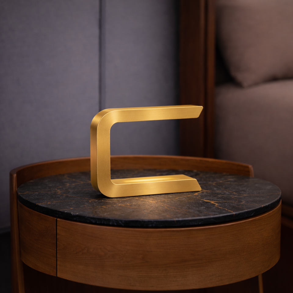 Gold Finish Handcrafted Oak  Rotatable Wooden C-Shaped  Lamp