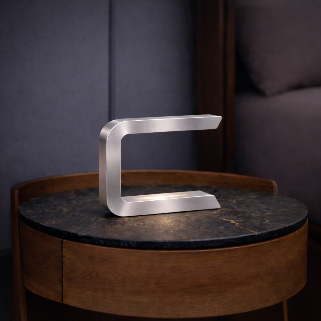 Silver Finish Handcrafted Oak Rotatable Wooden C-Shaped Lamp