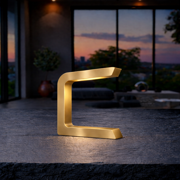 Gold Finish Handcrafted Oak  Rotatable Wooden C-Shaped  Lamp