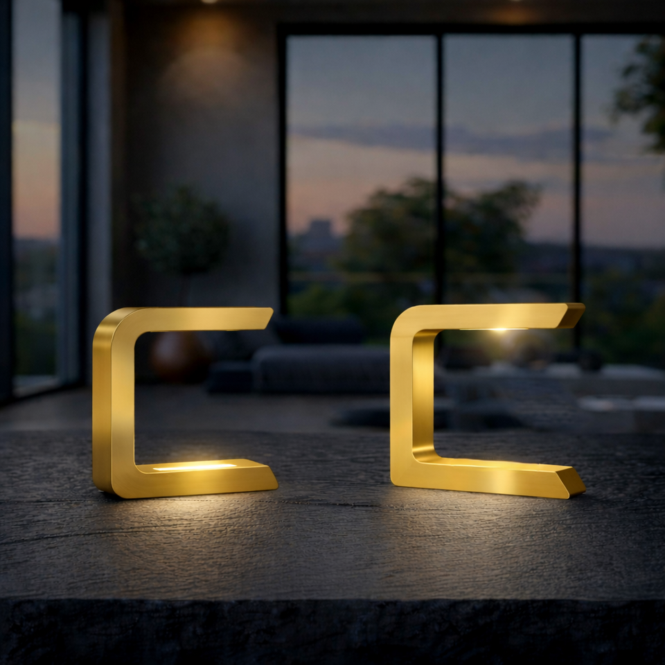 Gold Finish Handcrafted Oak  Rotatable Wooden C-Shaped  Lamp