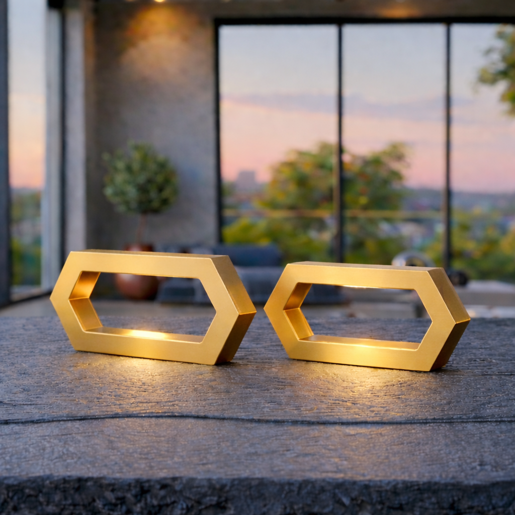 Gold Finish Handcrafted Oak Rotatable Hexagon LED Lamp