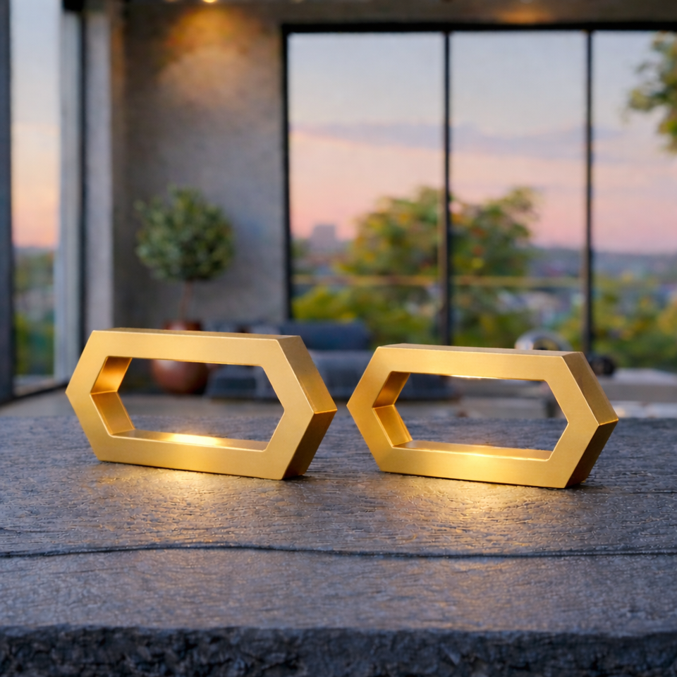 Gold Finish Handcrafted Oak Rotatable Hexagon LED Lamp