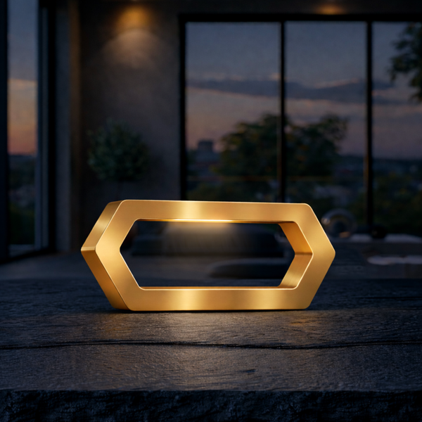 Gold Finish Handcrafted Oak Rotatable Hexagon LED Lamp
