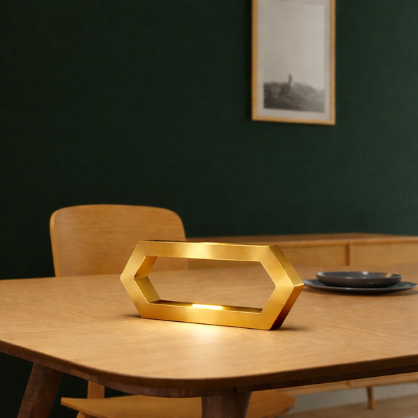 Gold Finish Handcrafted Oak Rotatable Hexagon LED Lamp
