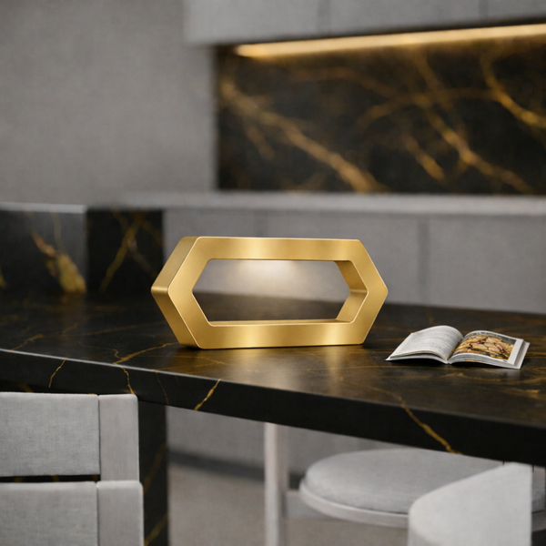 Gold Finish Handcrafted Oak Rotatable Hexagon LED Lamp