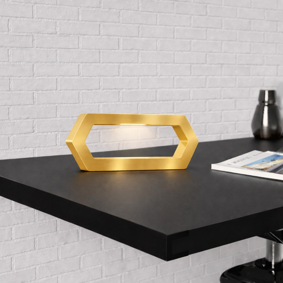 Gold Finish Handcrafted Oak Rotatable Hexagon LED Lamp