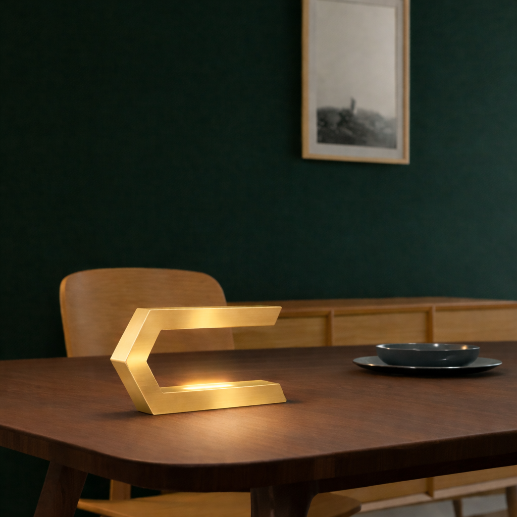 Gold Finish Handcrafted Oak Rotatable C-Shaped Wooden LED Lamp